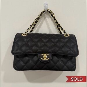 Black Quilted Caviar Medium Classic Double Flap Bag